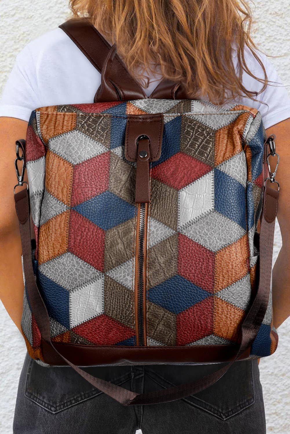 Geometric Soft PU Leather Large Convertible Backpack