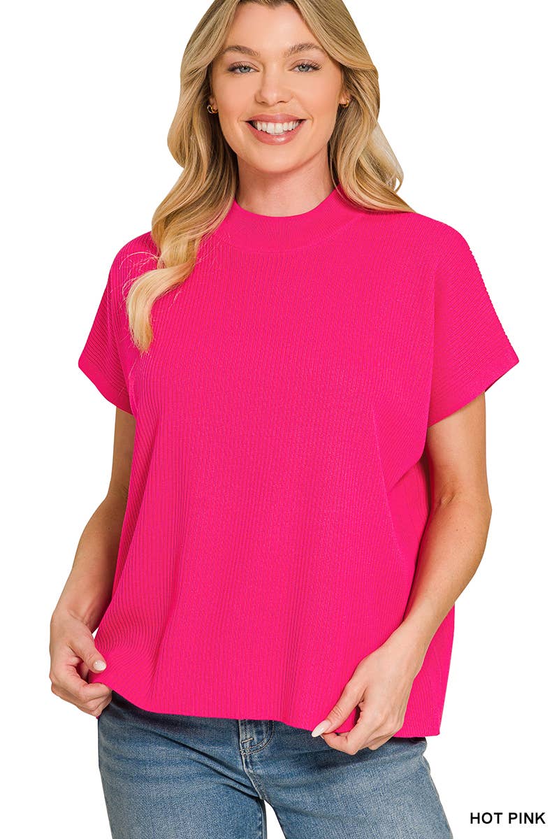 Viscose Mock Neck Short Sleeve Boxy Sweater SI-28297 Zenana