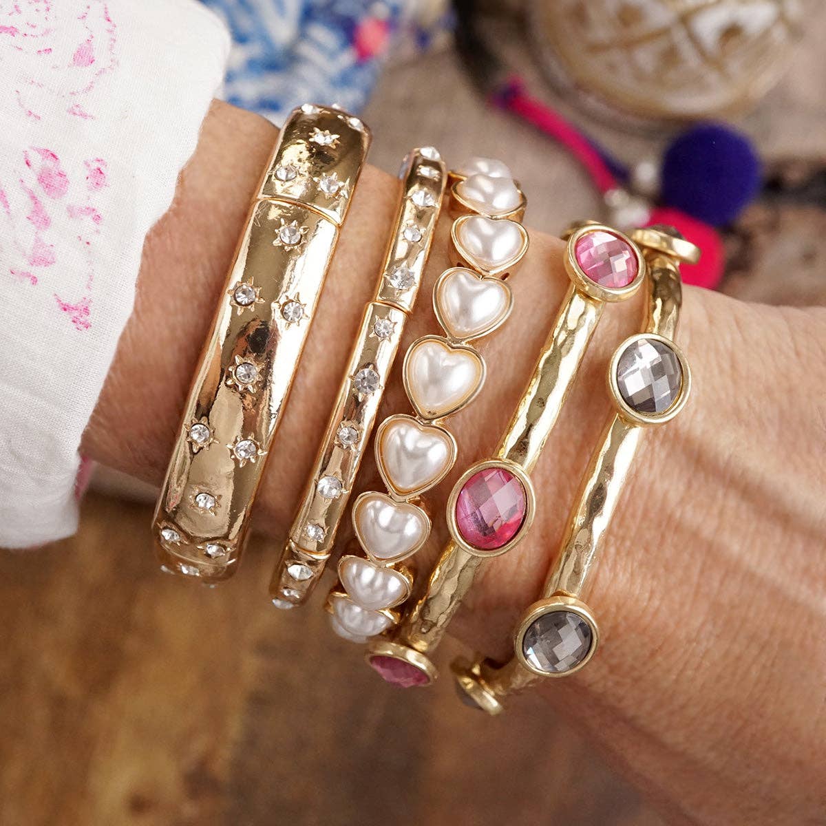 Jeweled Golden Bangle - with Faceted glass oval colorful jewels