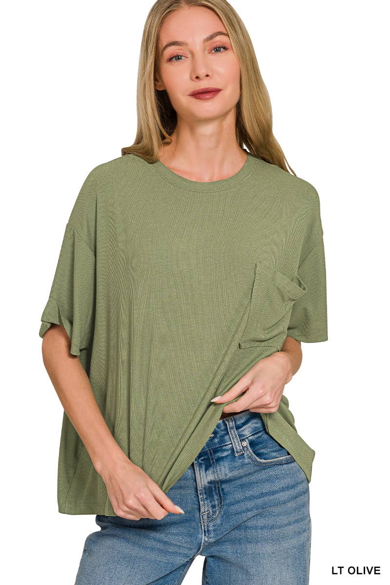 Oversized Ribbed Short Sleeve Tee w/ Back Patch - Zenana