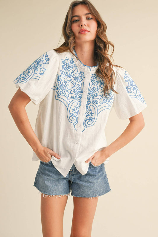EMBROIDERED "MIA" BUBBLE SLEEVE TOP