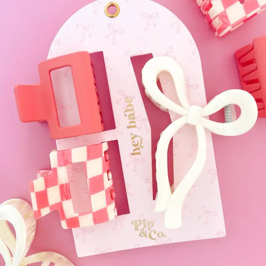 Pink Bow and Checkered Claw Hair Clip Set