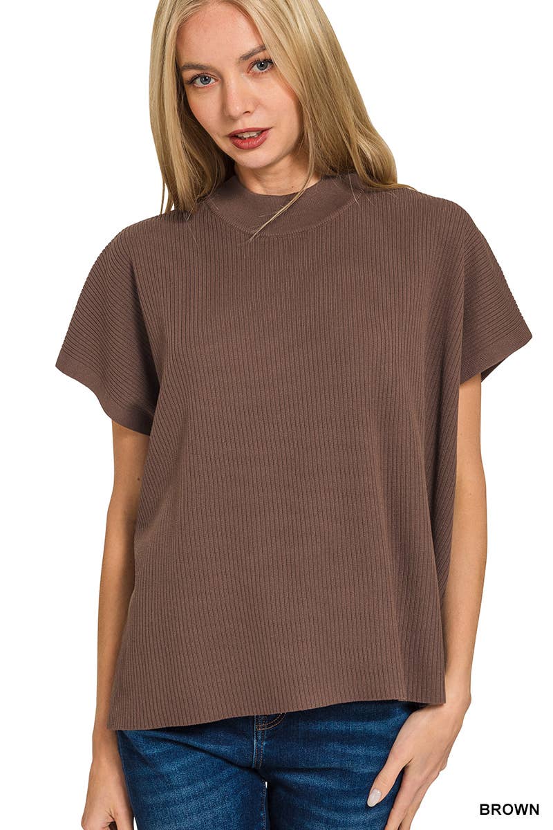 Viscose Mock Neck Short Sleeve Boxy Sweater SI-28297 Zenana