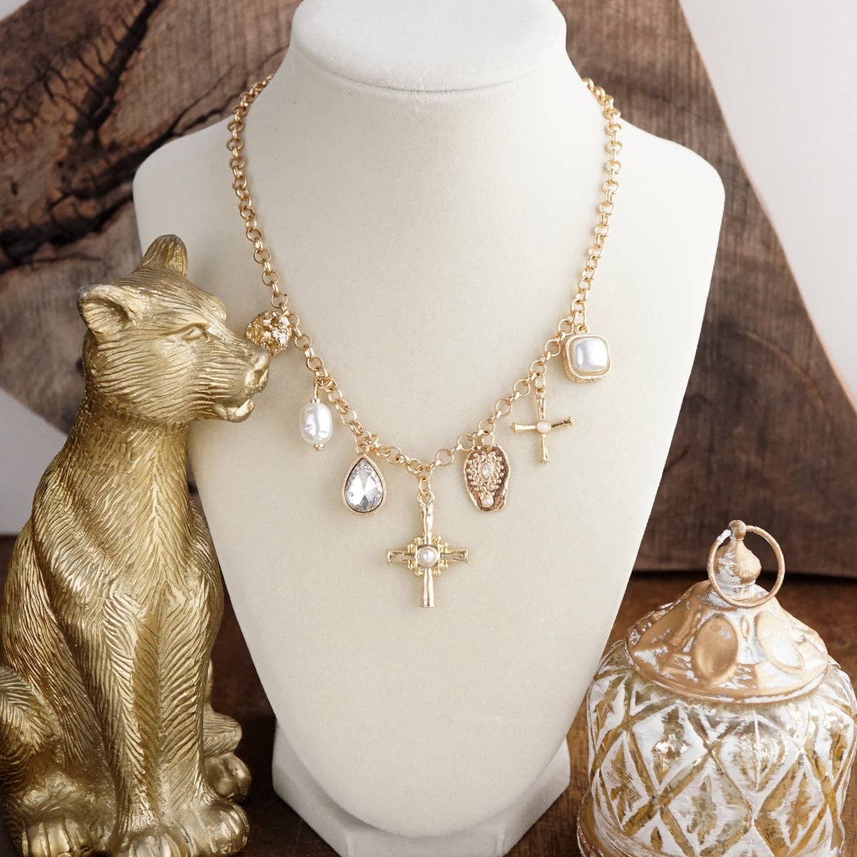 Golden Keepsake – Mixed Charm Cross Necklace