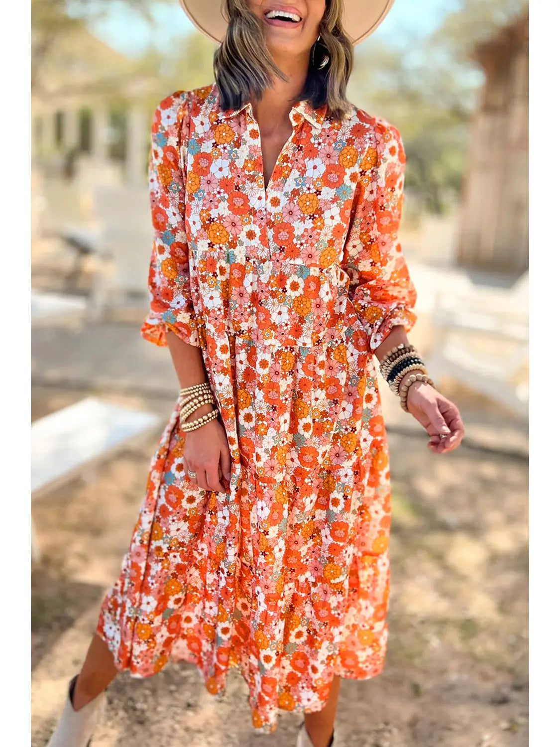 Multicolor Floral Collared Midi Dress