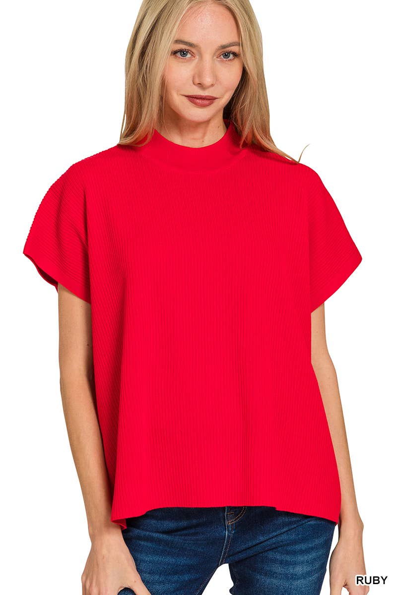 Viscose Mock Neck Short Sleeve Boxy Sweater SI-28297 Zenana