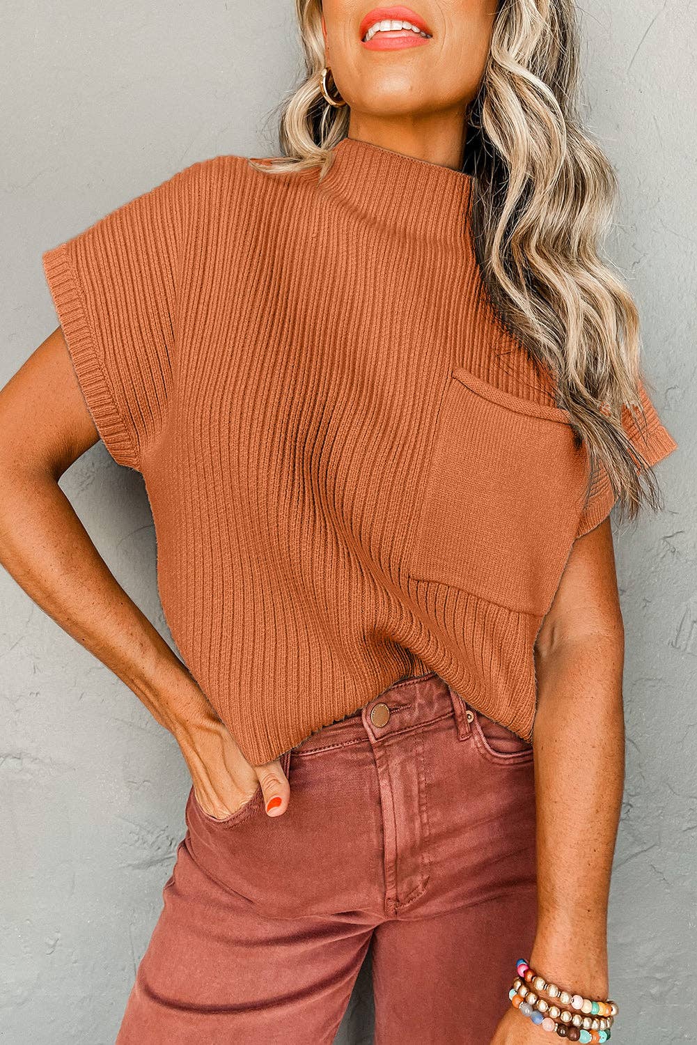 Ribbed Short Sleeve Pocketed Sweater