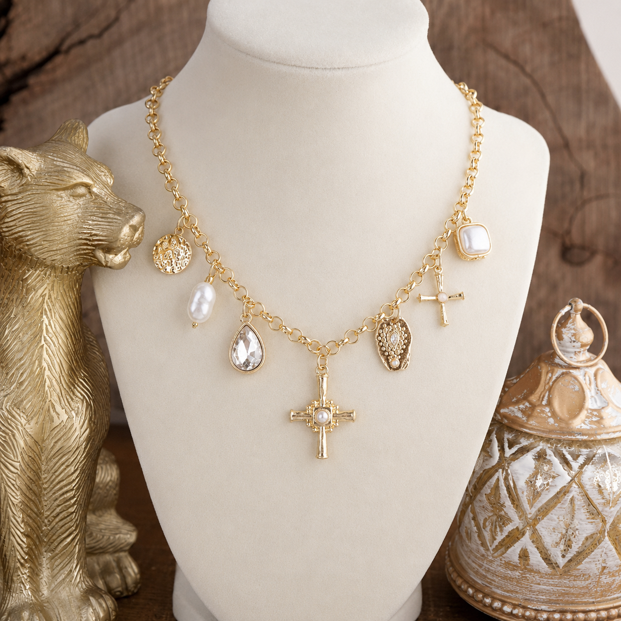 Golden Keepsake – Mixed Charm Cross Necklace