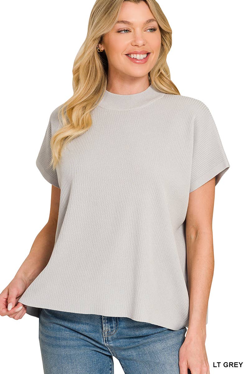 Viscose Mock Neck Short Sleeve Boxy Sweater SI-28297 Zenana