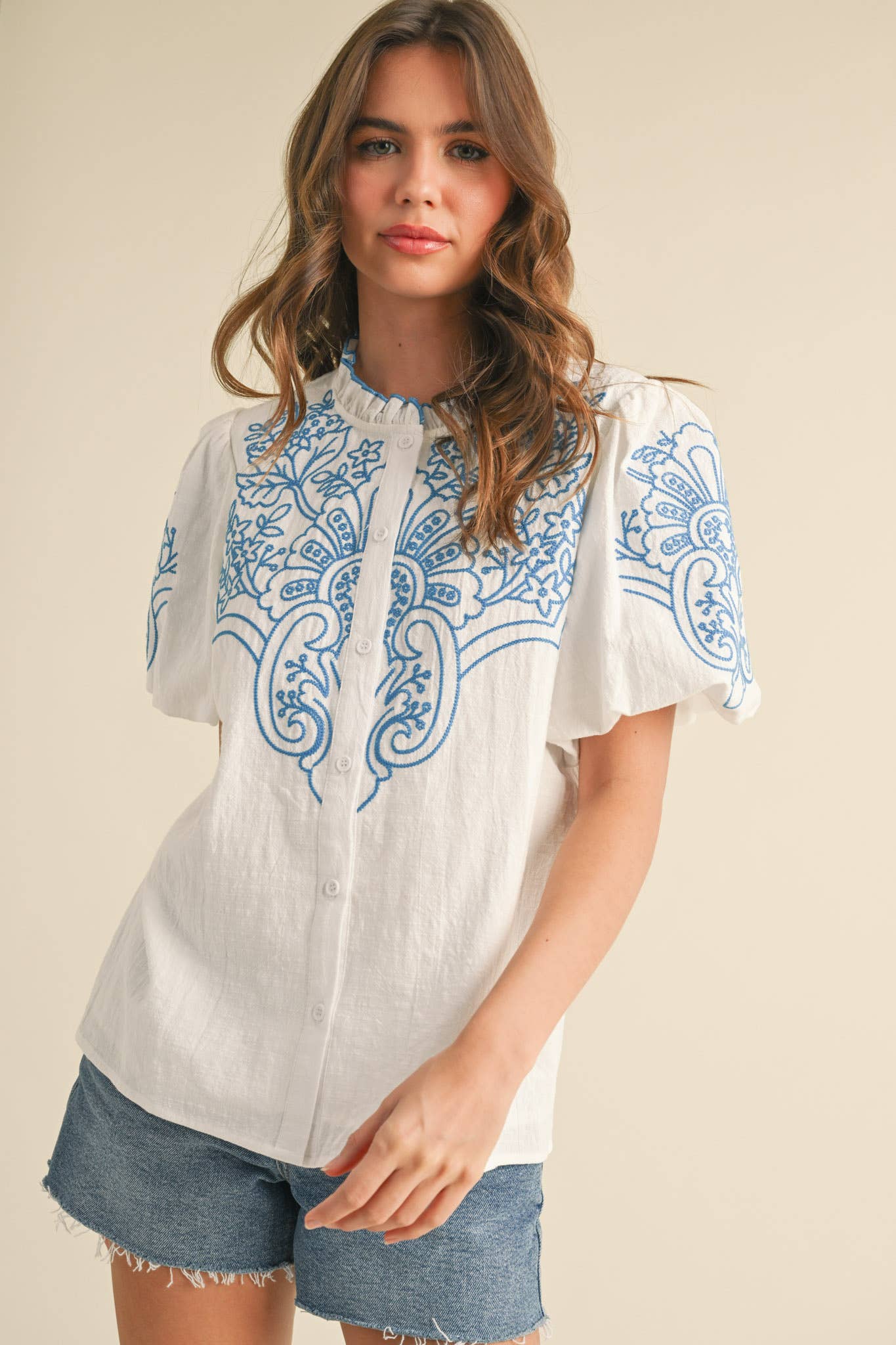 EMBROIDERED "MIA" BUBBLE SLEEVE TOP