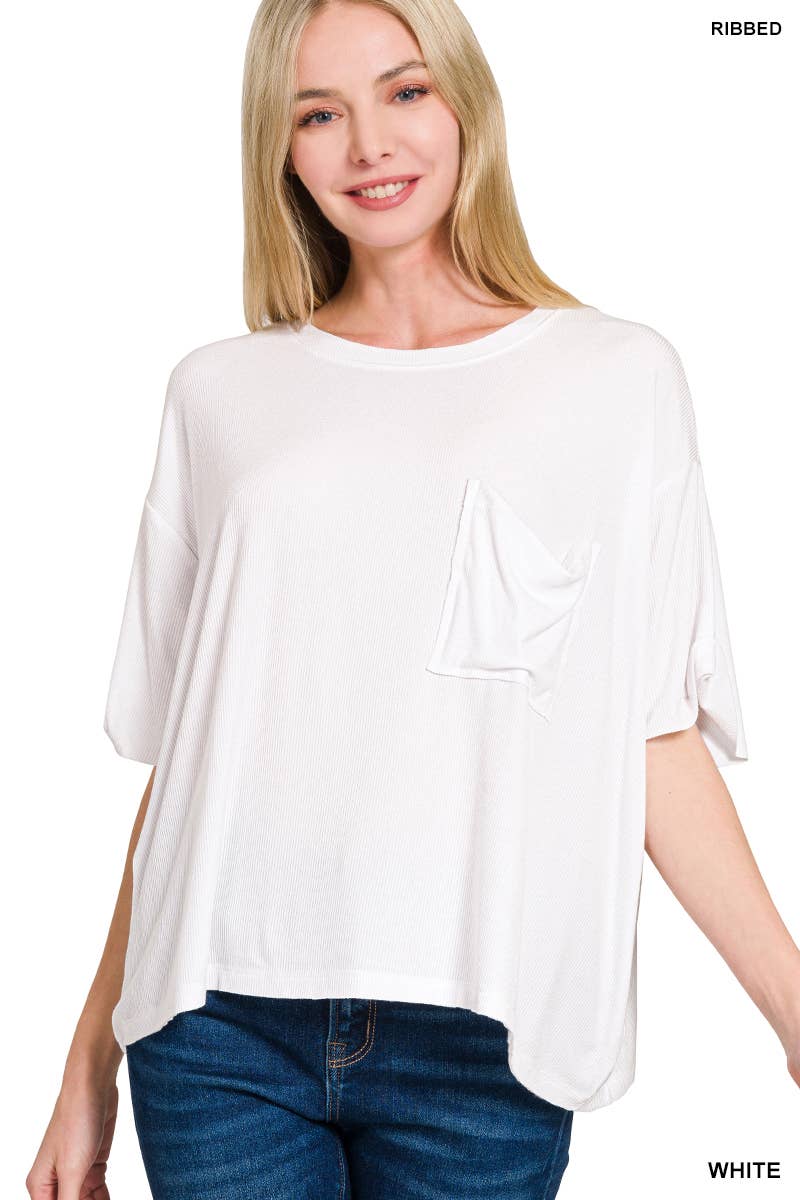 Oversized Ribbed Short Sleeve Tee w/ Back Patch - Zenana
