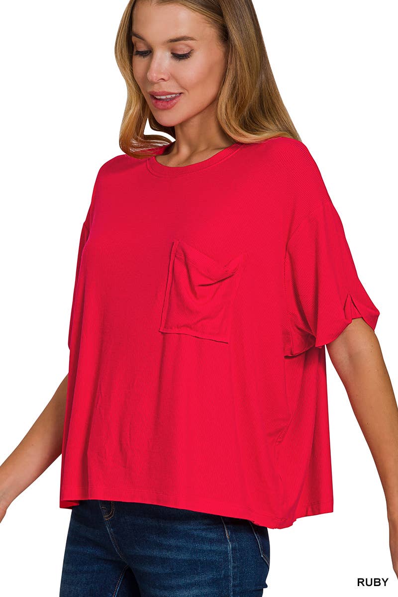 Oversized Ribbed Short Sleeve Tee w/ Back Patch - Zenana