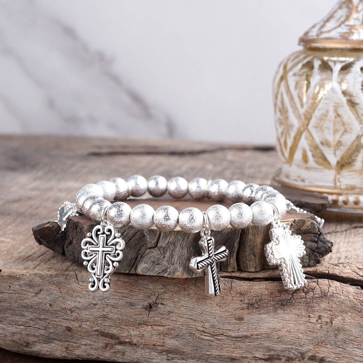 Faithful Path – Cross Charm & Beaded Stretch Bracelet