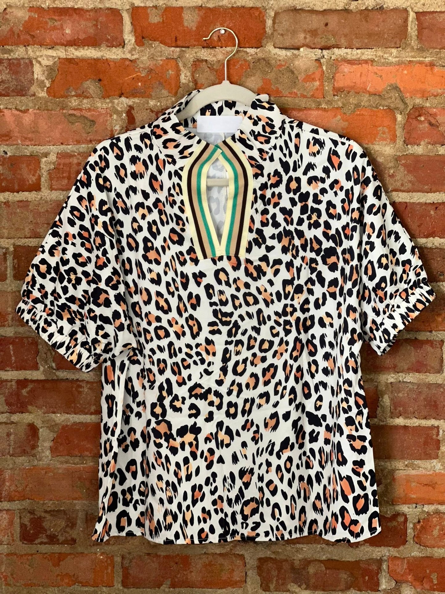 Leopard Color Block Half Sleeve Blouse