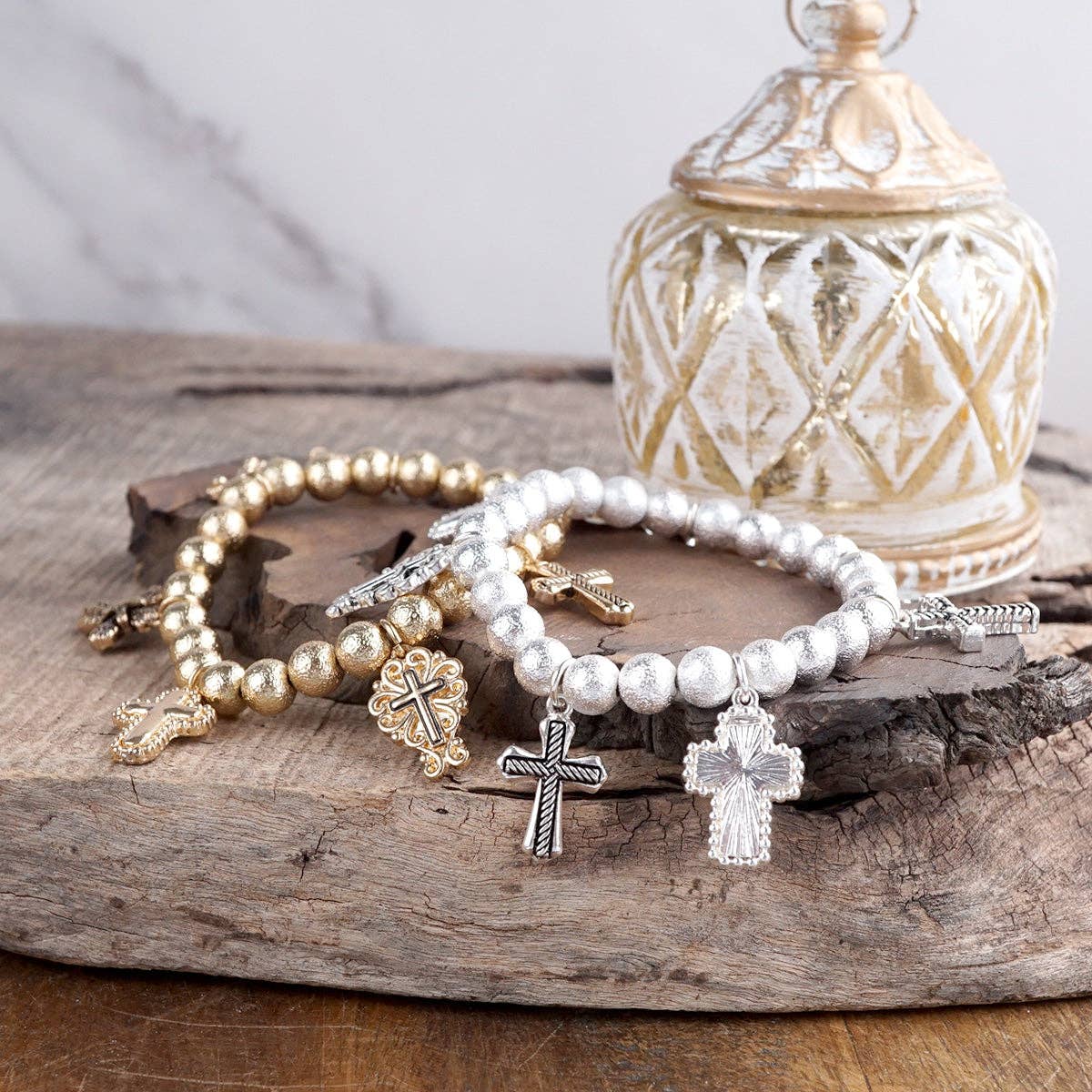 Faithful Path – Cross Charm & Beaded Stretch Bracelet