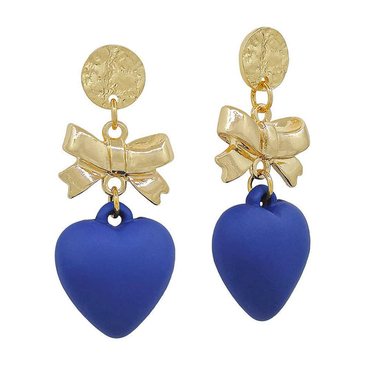 Hammered Circle Stud with Gold Bow and Navy Heart 2" Drop Earring, Gameday 5081
