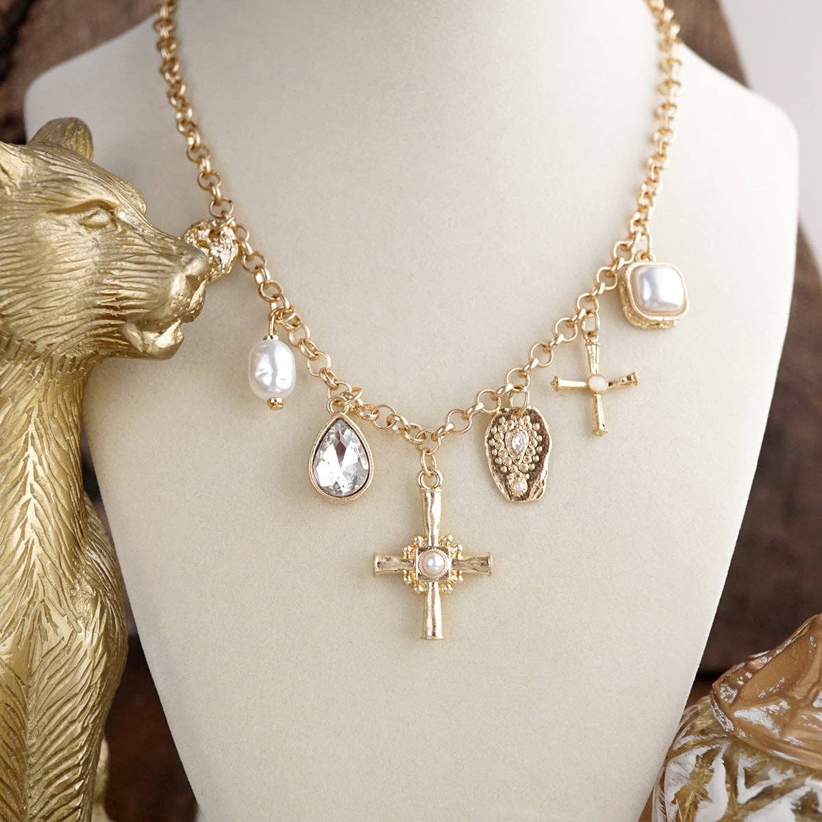 Golden Keepsake – Mixed Charm Cross Necklace
