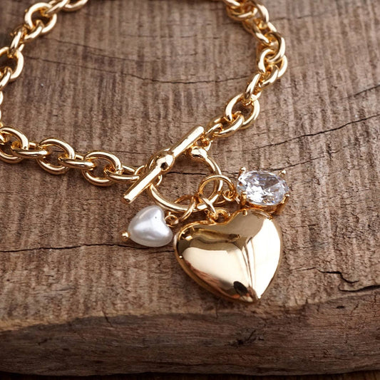 Heartstring Glow – Toggle Charm Bracelet with Pearl & Crystal