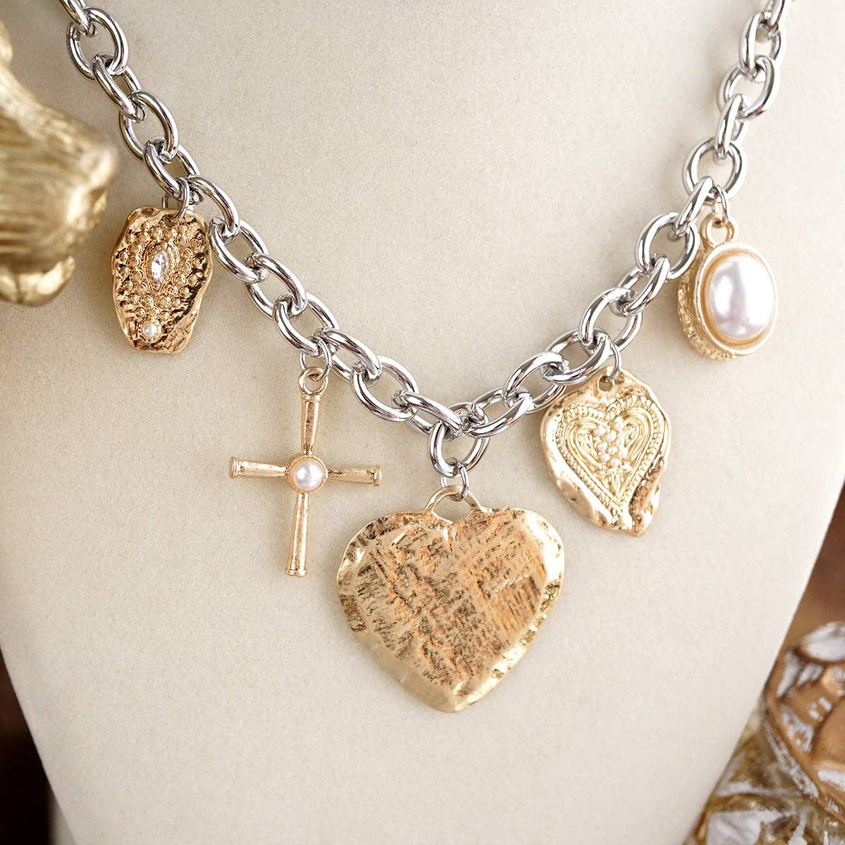 Golden Keepsake – Mixed Charm Heart Necklace