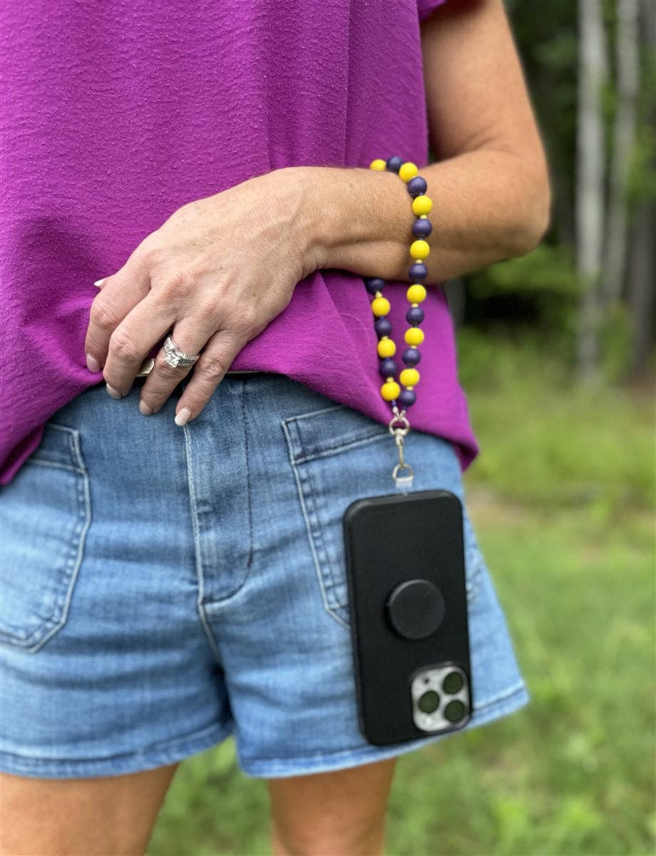 Orange and Navy Wood Beaded Phone Holding Wristlet, Great for Gameday! 060R