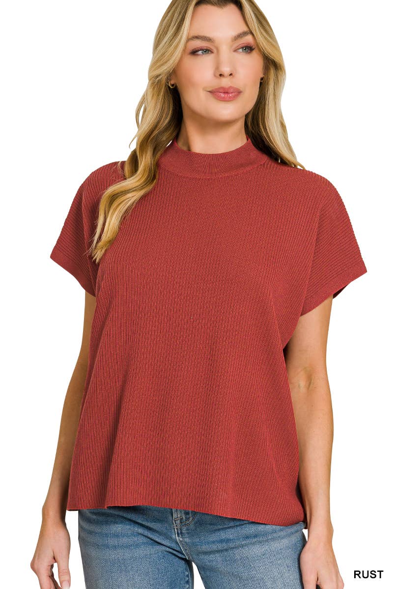 Viscose Mock Neck Short Sleeve Boxy Sweater SI-28297 Zenana