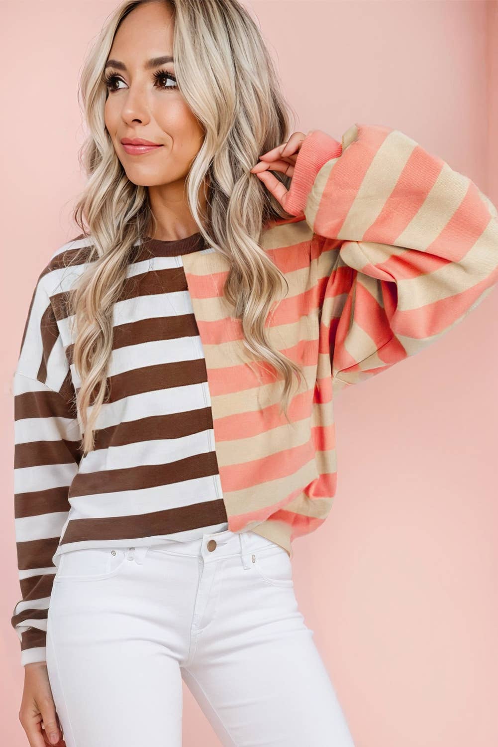 Color-Block Striped Drop Shoulder Sweatshirt