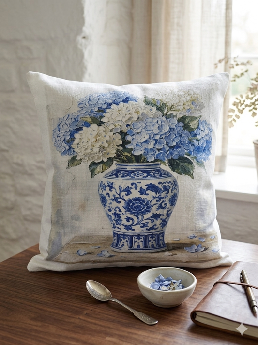 Blue Hydrangea Ginger Jar Decorative Throw Pillow