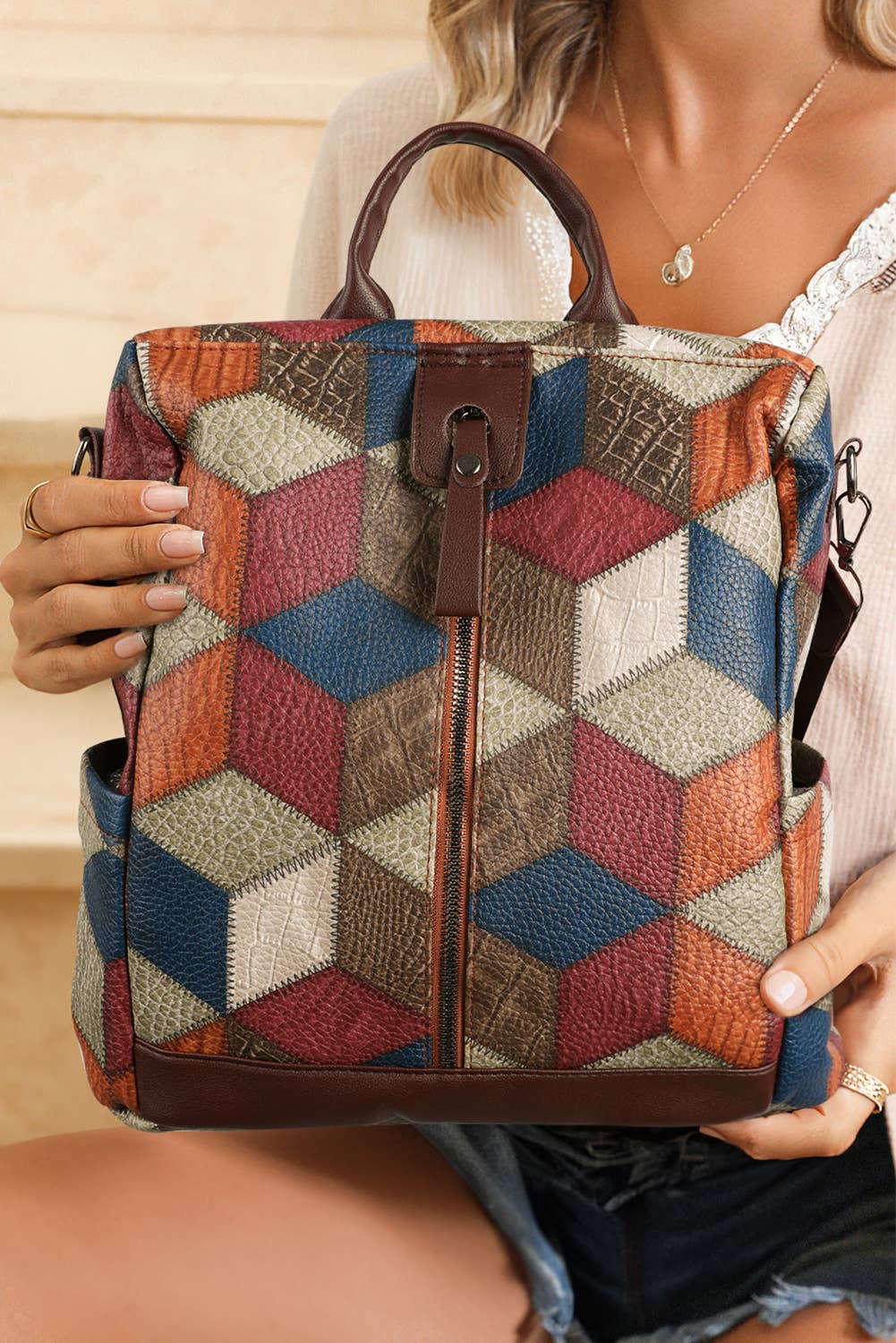 Geometric Soft PU Leather Large Convertible Backpack