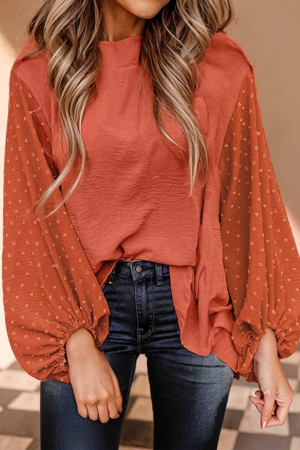 Burnt Orange-Dot Balloon Sleeve Blouse