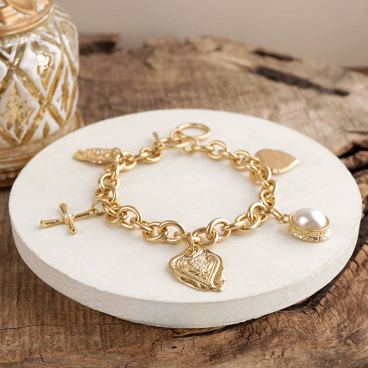 Charm Toggle Bracelet - Heart Cross Pearl – Golden Keepsake