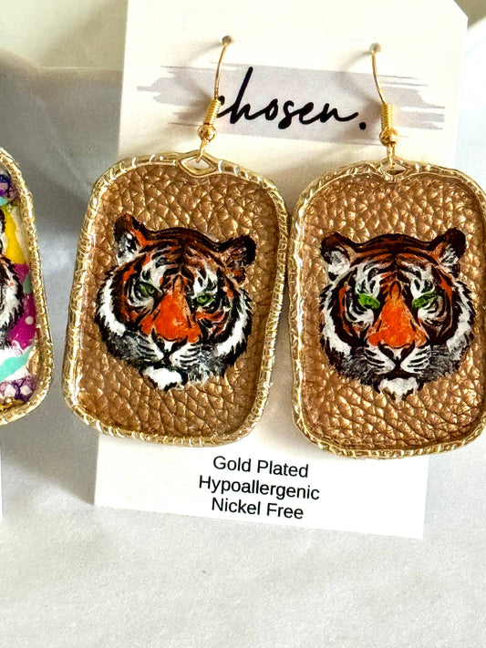Tiger Town Hand Painted Leather Earrings