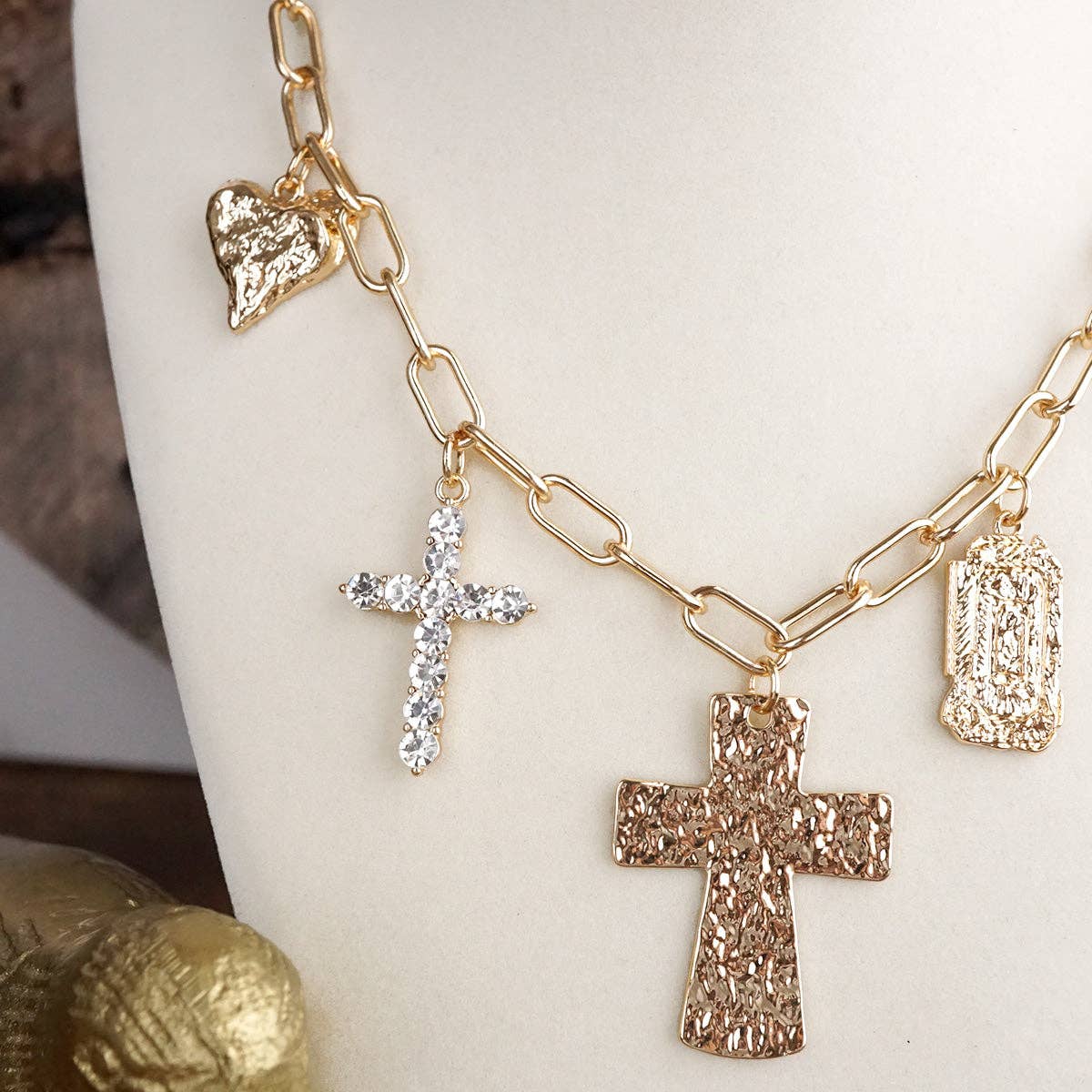 Faith & Heart – Multi Charm Necklace on Paperclip Chain