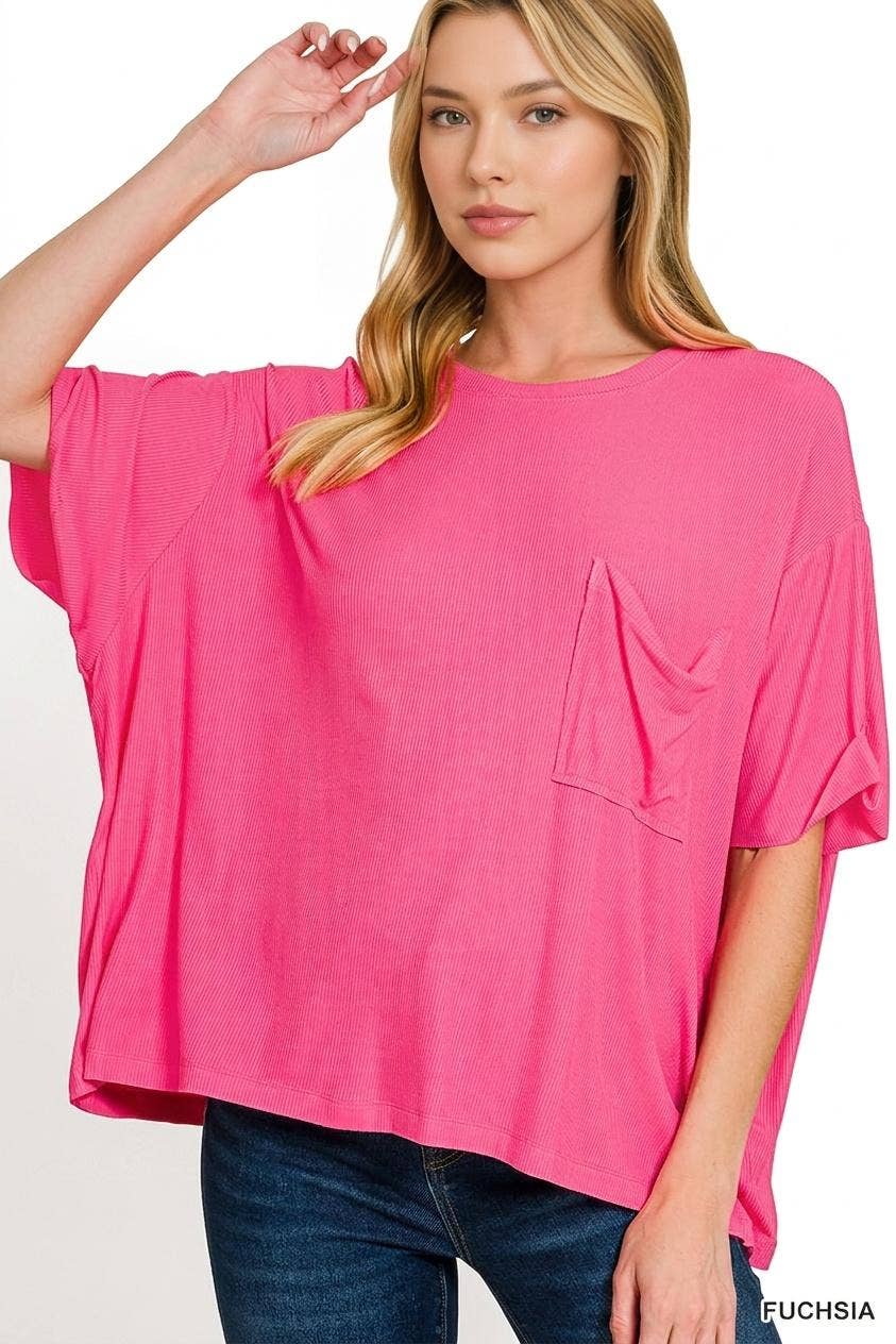 Oversized Ribbed Short Sleeve Tee w/ Back Patch - Zenana