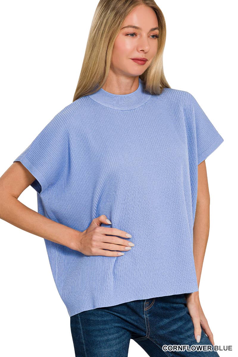 Viscose Mock Neck Short Sleeve Boxy Sweater SI-28297 Zenana