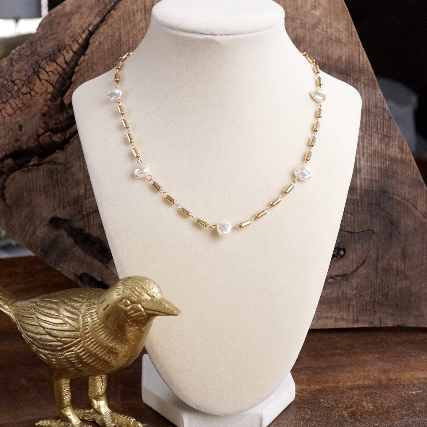Bar Chain & Organic Pearls Necklace 7431