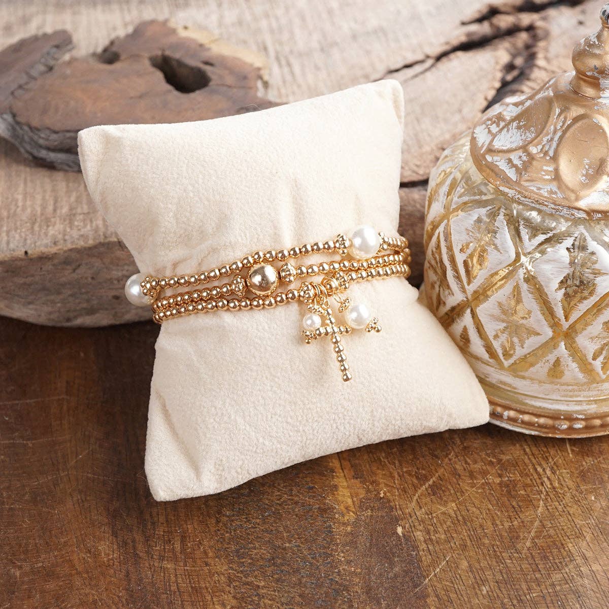 Pearl Devotion – Stretchy Cross Charm Bracelet Set