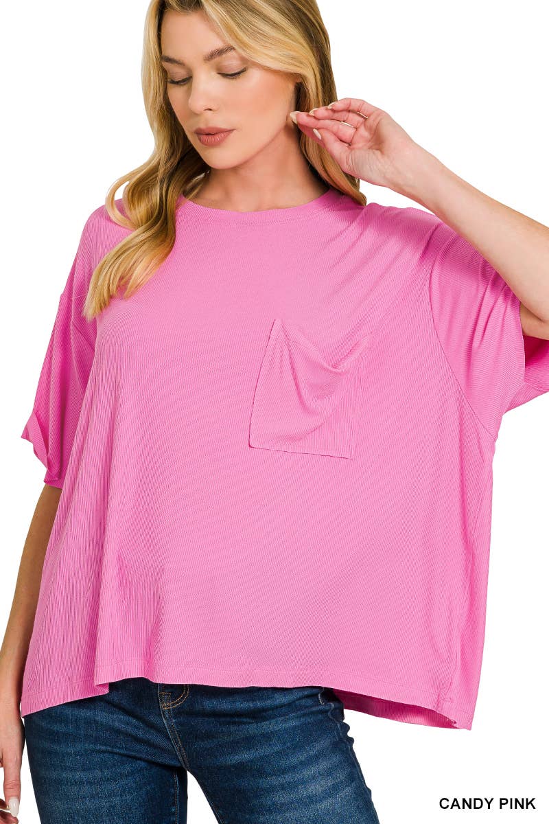 Oversized Ribbed Short Sleeve Tee w/ Back Patch - Zenana