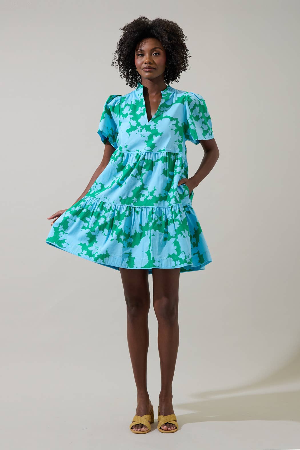 Riona Blue Green Floral Tiered Mini Dress