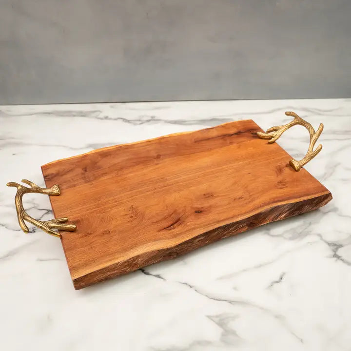 Wood Tray with Gold Antler Handles