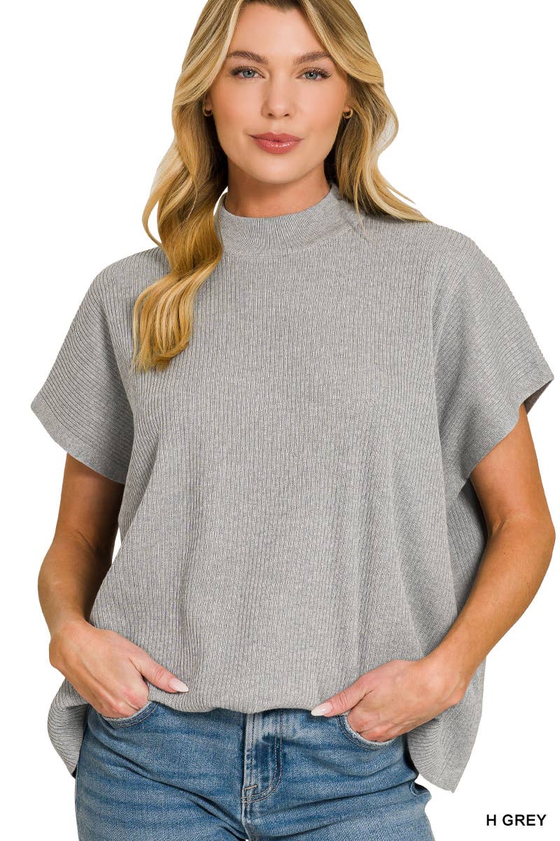 Viscose Mock Neck Short Sleeve Boxy Sweater SI-28297 Zenana