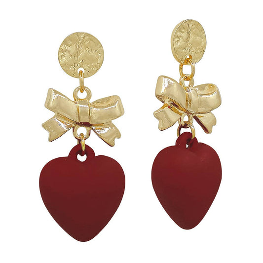 Hammered Circle Stud with Gold Bow and Maroon Heart 2" Drop Earring, Gameday 5081