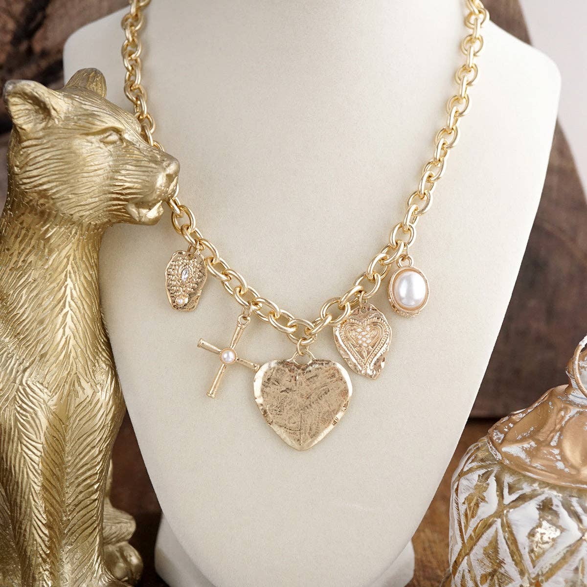 Golden Keepsake – Mixed Charm Heart Necklace