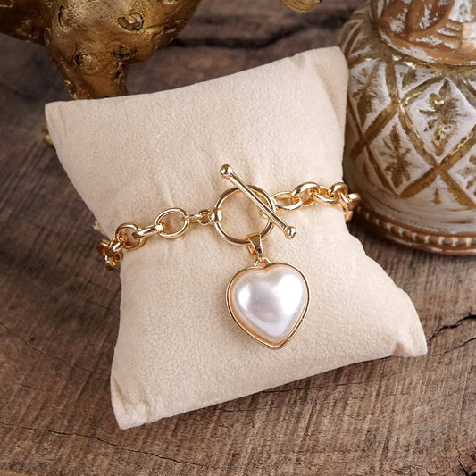 Soft Devotion – Pearlized Puffy Heart Toggle Chain Bracelet in Gold