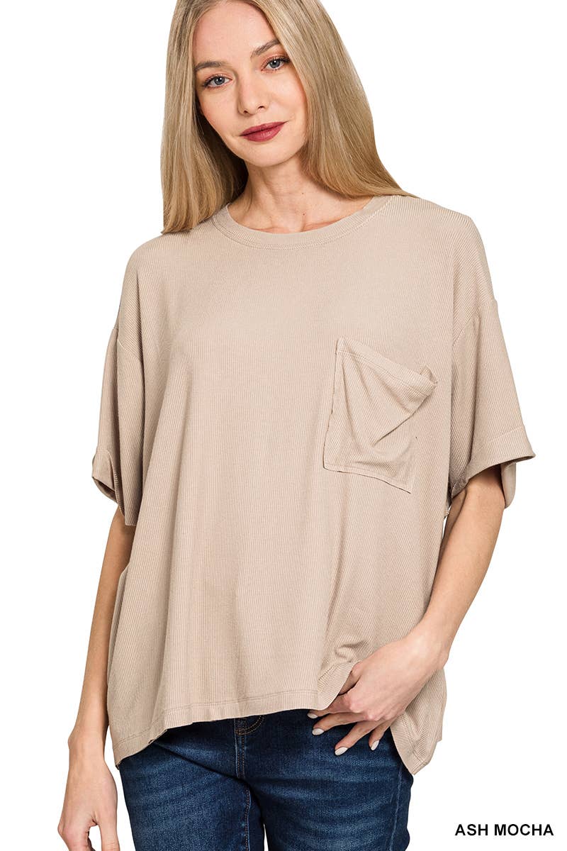 Oversized Ribbed Short Sleeve Tee w/ Back Patch - Zenana
