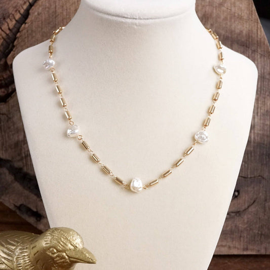 Bar Chain & Organic Pearls Necklace 7431