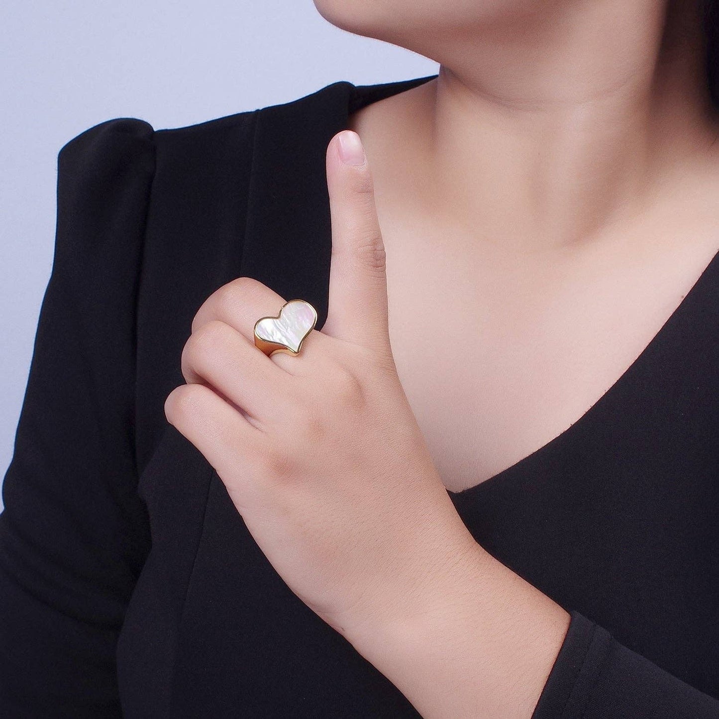 GoldFilled Love Heart White Shell Pearl Wide Band Ring O1997