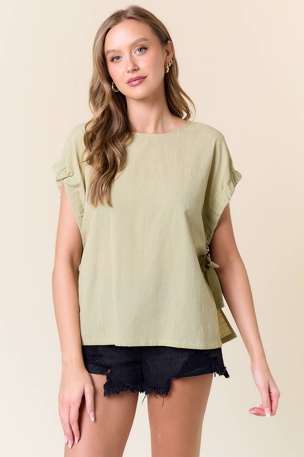 Round Neck Drawstring Short Sleeve Over-Sized Top