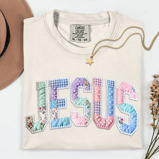 Jesus Faux Patchwork Graphic Comfort Colors Tee