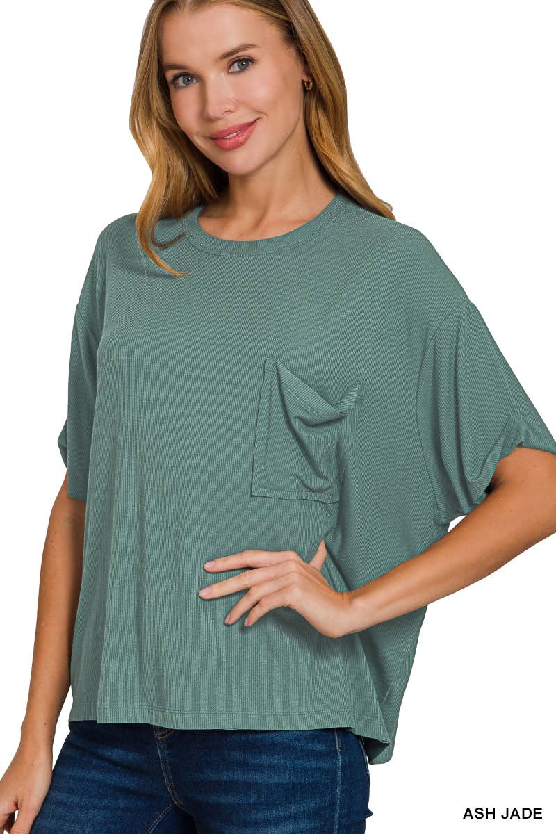 Oversized Ribbed Short Sleeve Tee w/ Back Patch - Zenana