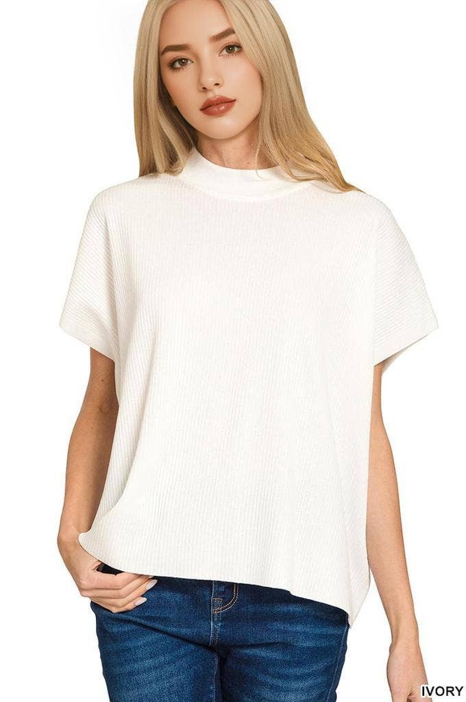 Viscose Mock Neck Short Sleeve Boxy Sweater SI-28297 Zenana